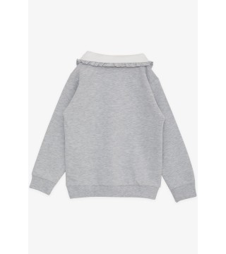 Kız Çocuk Sweatshirt Tavşan Nakışlı Düğmeli Açık Gri Melanj (2-6 Yaş)