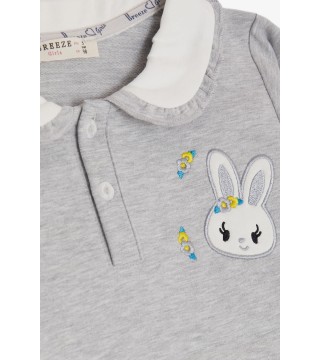 Kız Çocuk Sweatshirt Tavşan Nakışlı Düğmeli Açık Gri Melanj (2-6 Yaş)