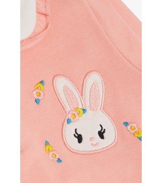 Kız Çocuk Sweatshirt Tavşan Nakışlı Düğmeli Somon (2-6 Yaş)