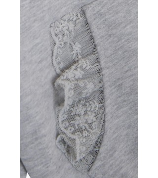 Kız Çocuk Sweatshirt Kanguru Cepli Yazı Baskılı Güpürlü Gri Melanj (3-8 Yaş)
