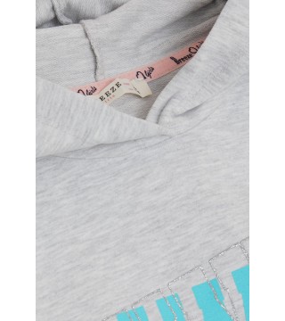 Kız Çocuk Sweatshirt Kapüşonlu Simli Yazı Baskılı Açık Gri Melanj (5-10 Yaş)