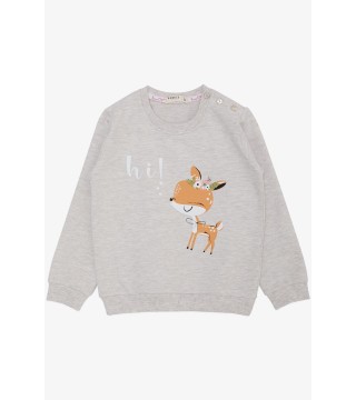 Kız Çocuk Sweatshirt Sevimli Ceylan Taçlı Ceylancık Baskılı Bej Melanj (1.5-5 Yaş)