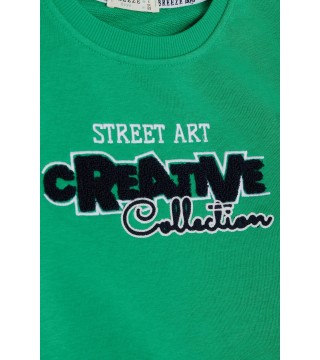 Erkek Çocuk Sweatshirt Kabartmalı Yazı Nakış Baskılı Yeşil (4-9 Yaş)