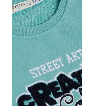 Erkek Çocuk Sweatshirt Kabartmalı Yazı Nakış Baskılı Su Yeşili (4-9 Yaş)