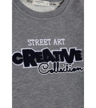Erkek Çocuk Sweatshirt Kabartmalı Yazı Nakış Baskılı Koyu Gri Melanj (4-9 Yaş)