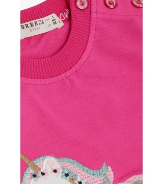 Kız Çocuk Sweatshirt Sevimli Unicorn Nakışlı Yıldızlı Fuşya (1.5-5 Yaş)