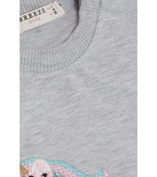 Kız Çocuk Sweatshirt Sevimli Unicorn Nakışlı Yıldızlı Açık Gri Melanj (1.5-5 Yaş)