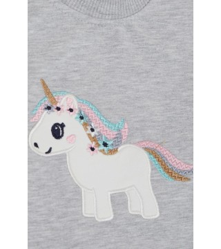 Kız Çocuk Sweatshirt Sevimli Unicorn Nakışlı Yıldızlı Açık Gri Melanj (1.5-5 Yaş)