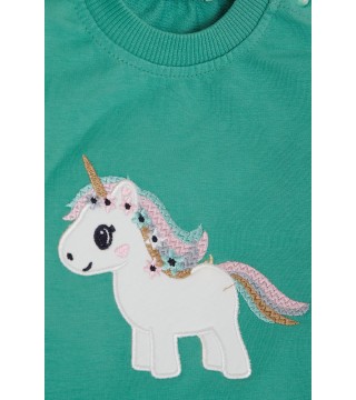 Kız Çocuk Sweatshirt Sevimli Unicorn Nakışlı Yıldızlı Yeşil (1.5-5 Yaş)