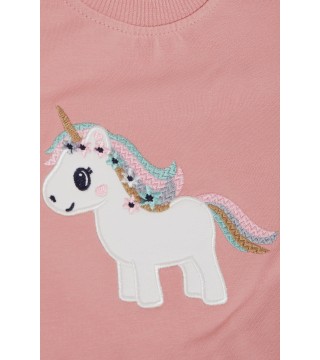 Kız Çocuk Sweatshirt Sevimli Unicorn Nakışlı Yıldızlı Gülkurusu (1.5-5 Yaş)