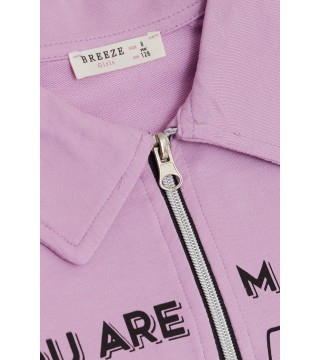 Kız Çocuk Sweatshirt Magıc Yazı Baskılı Yarım Fermuarlı Polo Yaka Lila (8-14 Yaş)