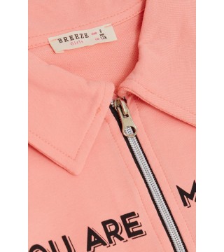 Kız Çocuk Sweatshirt Magıc Yazı Baskılı Yarım Fermuarlı Polo Yaka Somon (8-14 Yaş)