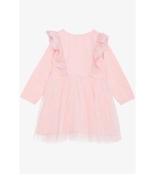 Kız Çocuk Uzun Kollu Elbise Tüllü Güpürlü Pembe (1.5-5 Yaş)
