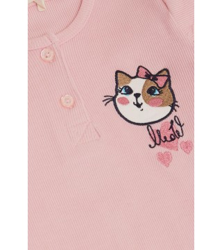 Kız Çocuk Taytlı Takım Sevimli Kedicik Nakışlı Pembe (1-4 Yaş)