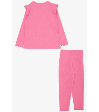 Kız Çocuk Taytlı Takım Sevimli Kedicik Nakışlı Neon Pembe (1-4 Yaş)