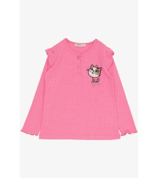 Kız Çocuk Taytlı Takım Sevimli Kedicik Nakışlı Neon Pembe (1-4 Yaş)