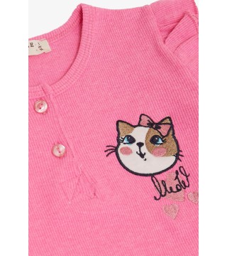 Kız Çocuk Taytlı Takım Sevimli Kedicik Nakışlı Neon Pembe (1-4 Yaş)