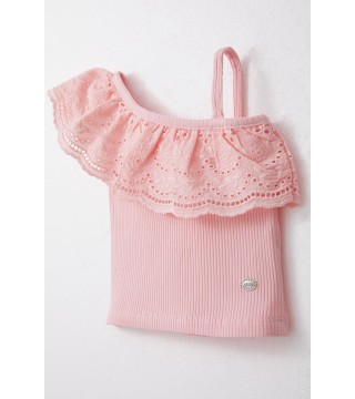 Kız Çocuk Crop Tişört Tek Omuzlu Güpür Detaylı Pembe (2-6 Yaş)