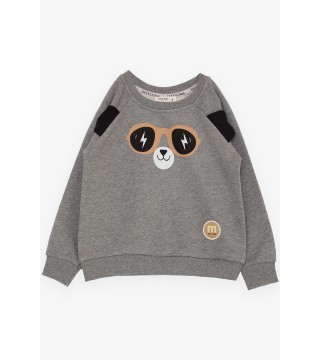 Erkek Çocuk Sweatshirt Sevimli Ayıcık Baskılı Kulakları Hareketli Koyu Gri Melanj (2-6 Yaş)