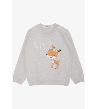 Kız Çocuk Sweatshirt Sevimli Ceylan Taçlı Ceylancık Baskılı Bej Melanj (1.5-5 Yaş)