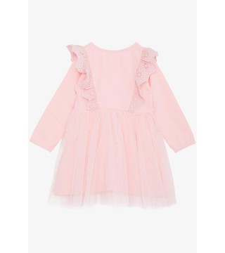 Kız Çocuk Uzun Kollu Elbise Tüllü Güpürlü Pembe (1.5-5 Yaş)