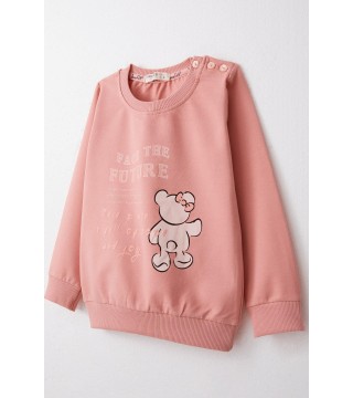 Kız Çocuk Sweatshirt Ayıcık & Yazı Baskılı Gülkurusu (1.5-5 Yaş)