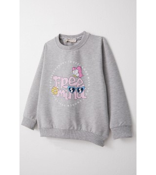 Kız Çocuk Sweatshirt Yazı & Kelebek Baskılı Açık Gri Melanj (3-8 Yaş)