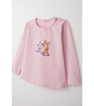 Kız Bebek Uzun Kollu Tişört Sevimli Ceylancık Baskılı Pembe (9 Ay-3 Yaş)