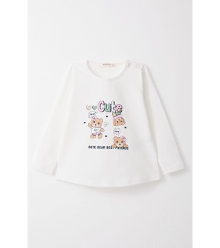 Kız Bebek Taytlı Takım Sevimli Dostlar Temalı Ayıcık Baskılı Beyaz (9 Ay-3 Yaş)