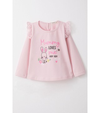 Kız Bebek Uzun Kollu Tişört Anne Sevgisi Temalı Tavşancık Baskılı Güpürlü Pembe (9 Ay-3 Yaş)