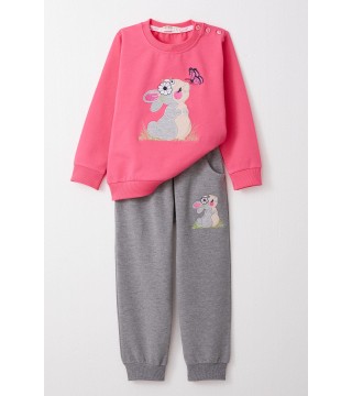 Kız Bebek Eşofman Takım Tavşan & Kelebek Nakışlı Pembe (9 Ay-3 Yaş)