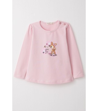 Kız Bebek Uzun Kollu Tişört Sevimli Ceylancık Baskılı Pembe (9 Ay-3 Yaş)