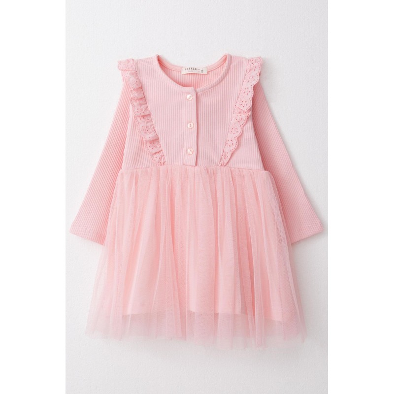 Kız Çocuk Uzun Kollu Elbise Düğmeli Güpürlü Tüllü Pembe (1.5-5 Yaş)