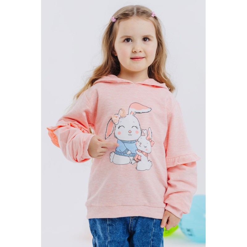 Kız Çocuk Sweatshirt Tavşancık Baskılı Somon Melanj (1.5-5 Yaş)