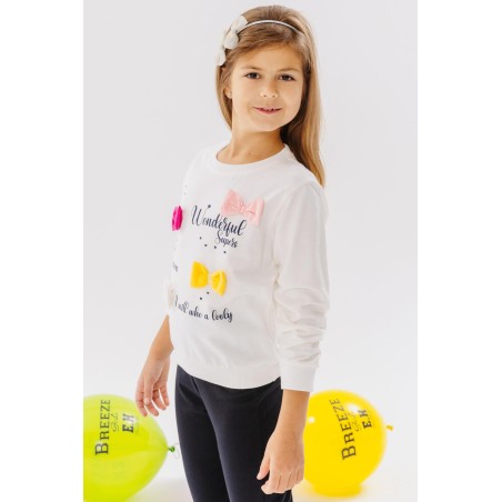Kız Çocuk Sweatshirt Renkli Fiyonk Aksesuarlı Yazı Baskılı Ekru (3-8 Yaş)