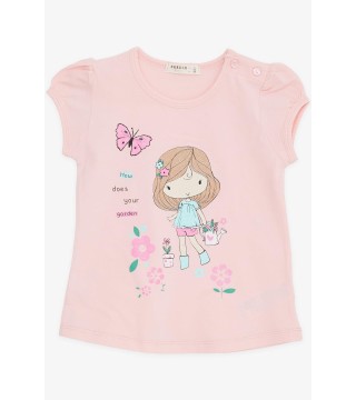 Kız Çocuk Tişört Bahçe Temalı Simli Kız Baskılı Pembe (1.5-5 Yaş)