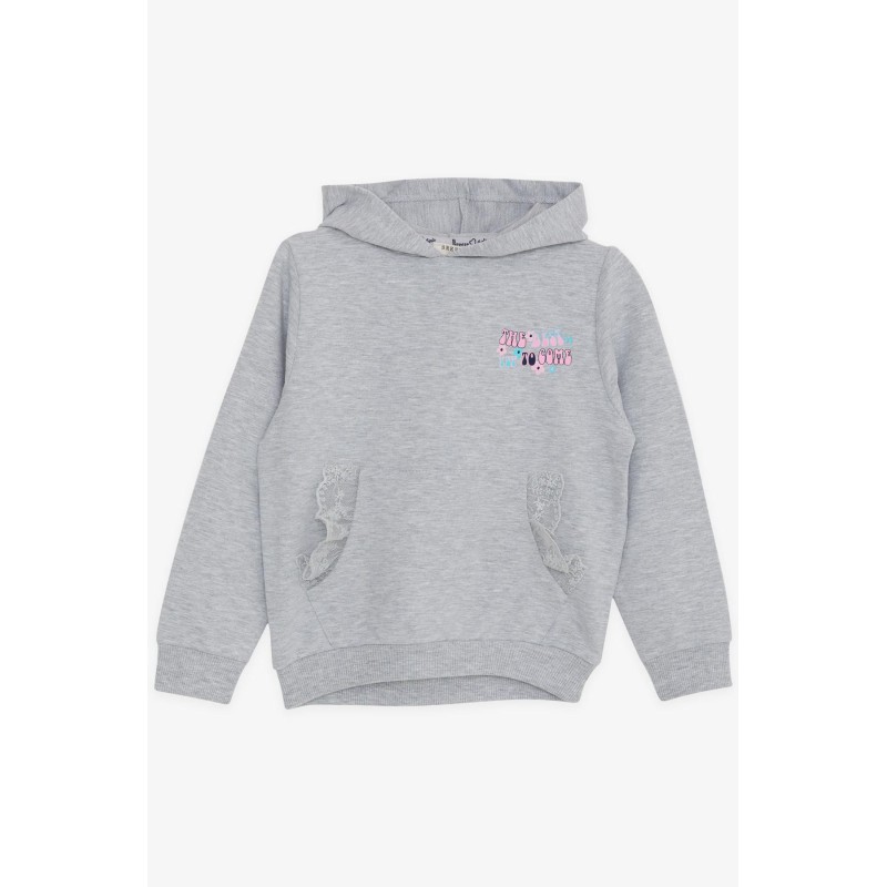 Kız Çocuk Sweatshirt Kanguru Cepli Yazı Baskılı Güpürlü Gri Melanj (3-8 Yaş)
