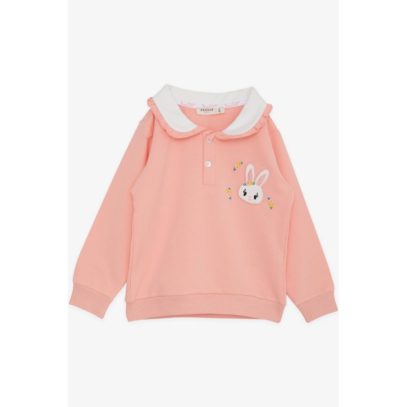 Kız Çocuk Sweatshirt Tavşan Nakışlı Düğmeli Somon (2-6 Yaş)