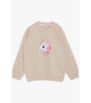 Kız Çocuk Sweatshirt Unicorn Nakış Baskılı Bej (1.5-5 Yaş)