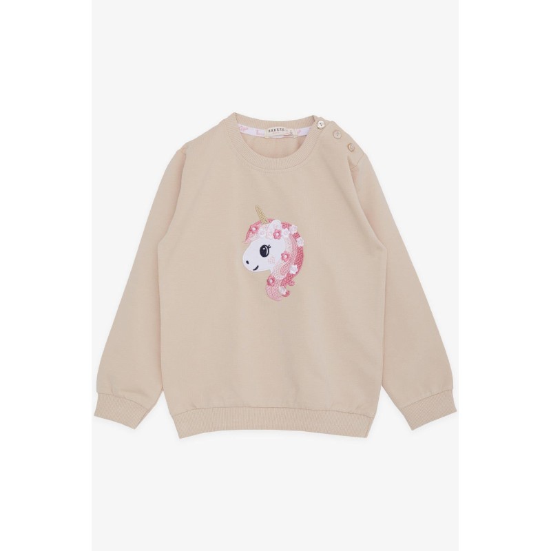 Kız Çocuk Sweatshirt Unicorn Nakış Baskılı Bej (1.5-5 Yaş)