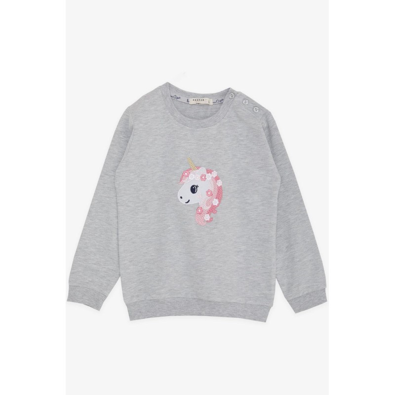 Kız Çocuk Sweatshirt Unicorn Nakış Baskılı Gri Melanj (1.5-5 Yaş)