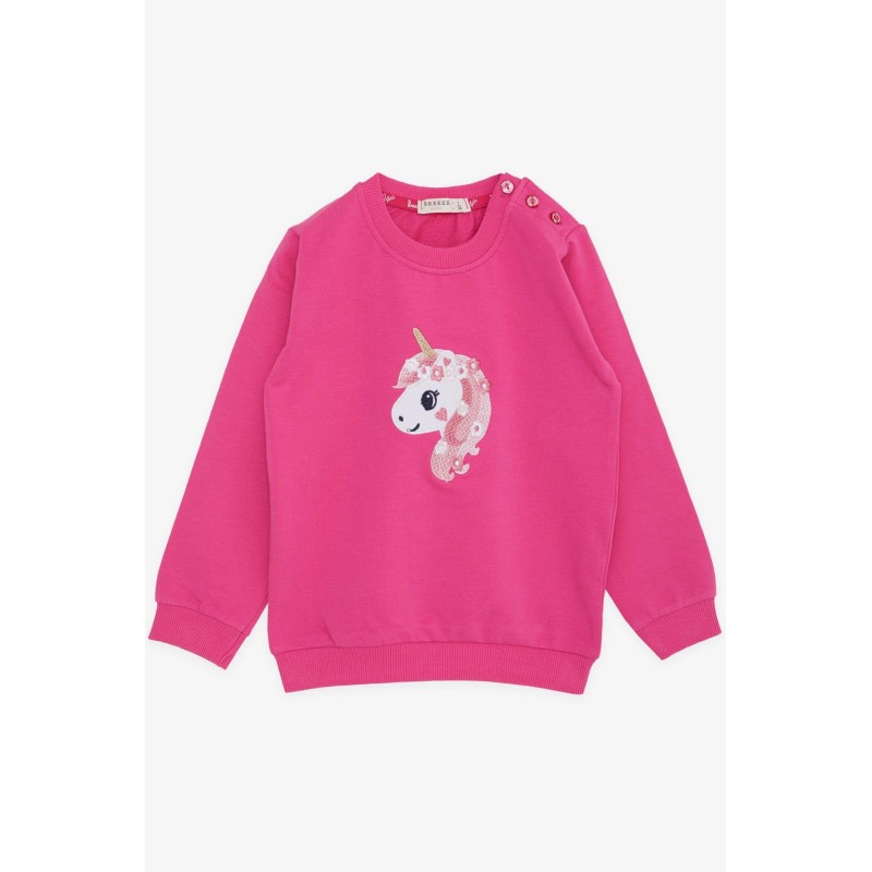 Kız Çocuk Sweatshirt Unicorn Nakış Baskılı Fuşya (1.5-5 Yaş)
