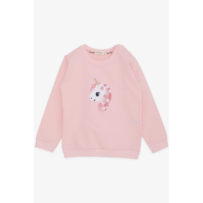 Kız Çocuk Sweatshirt Unicorn Nakış Baskılı Pembe (1.5-5 Yaş)