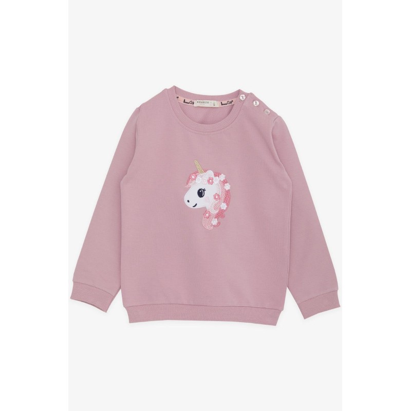 Kız Çocuk Sweatshirt Unicorn Nakış Baskılı Gülkurusu (1.5-5 Yaş)