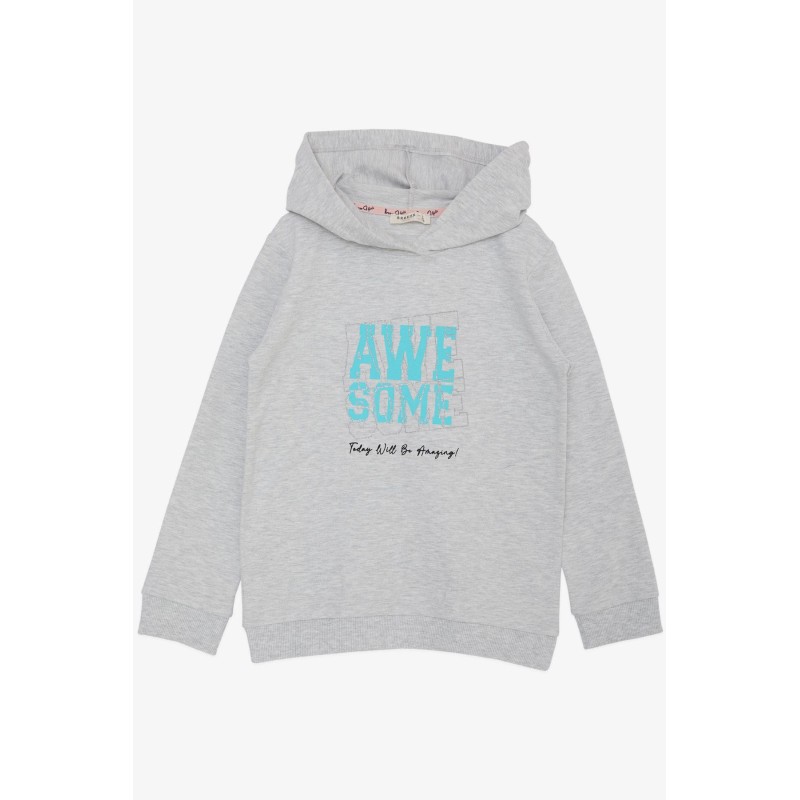 Kız Çocuk Sweatshirt Kapüşonlu Simli Yazı Baskılı Açık Gri Melanj (5-10 Yaş)