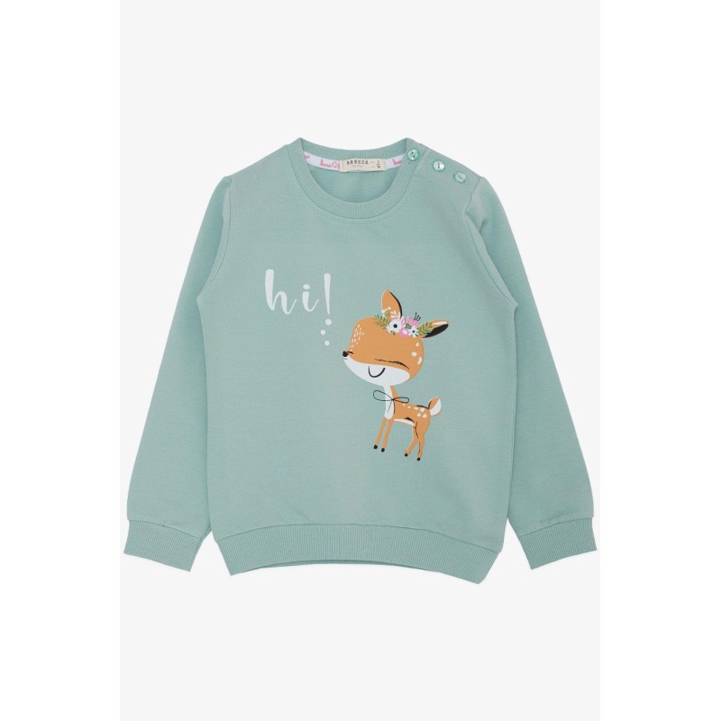 Kız Çocuk Sweatshirt Sevimli Ceylan Taçlı Ceylancık Baskılı Mint Yeşili (1.5-5 Yaş)