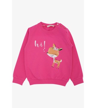 Kız Çocuk Sweatshirt Sevimli Ceylan Taçlı Ceylancık Baskılı Fuşya (1.5-5 Yaş)