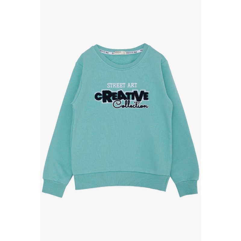Erkek Çocuk Sweatshirt Kabartmalı Yazı Nakış Baskılı Su Yeşili (4-9 Yaş)