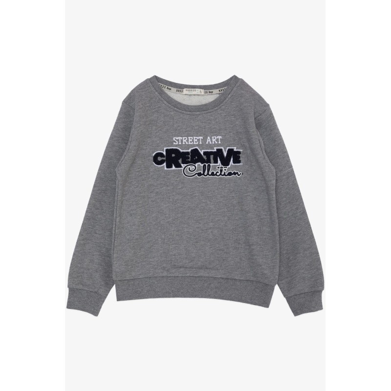 Erkek Çocuk Sweatshirt Kabartmalı Yazı Nakış Baskılı Koyu Gri Melanj (4-9 Yaş)