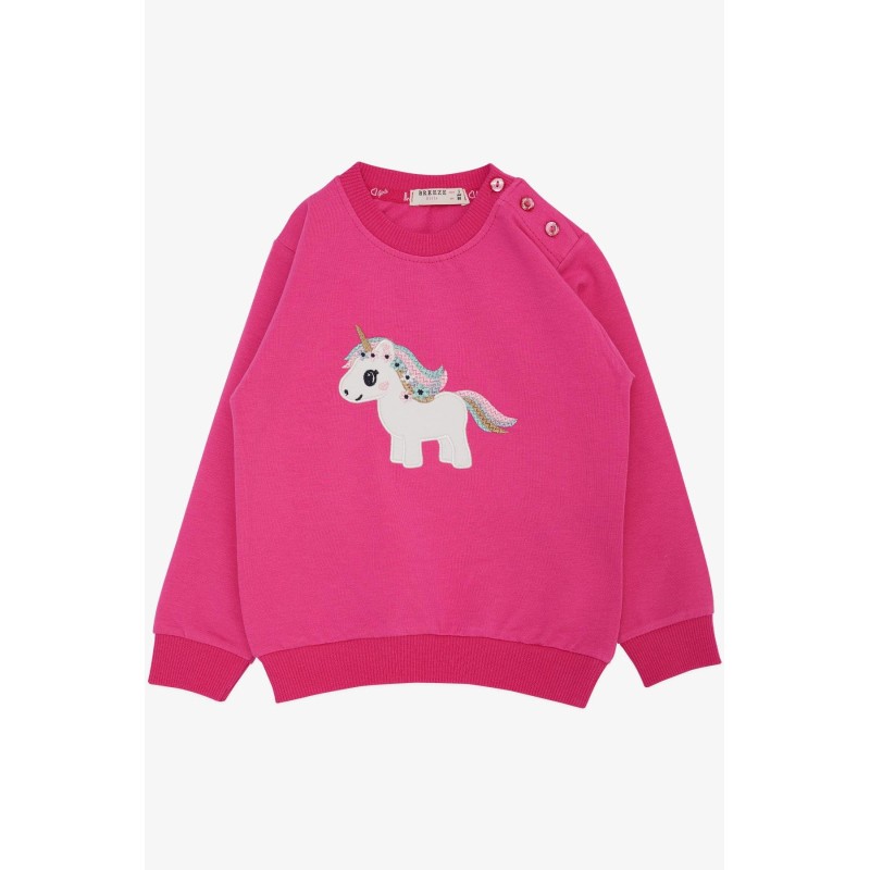 Kız Çocuk Sweatshirt Sevimli Unicorn Nakışlı Yıldızlı Fuşya (1.5-5 Yaş)